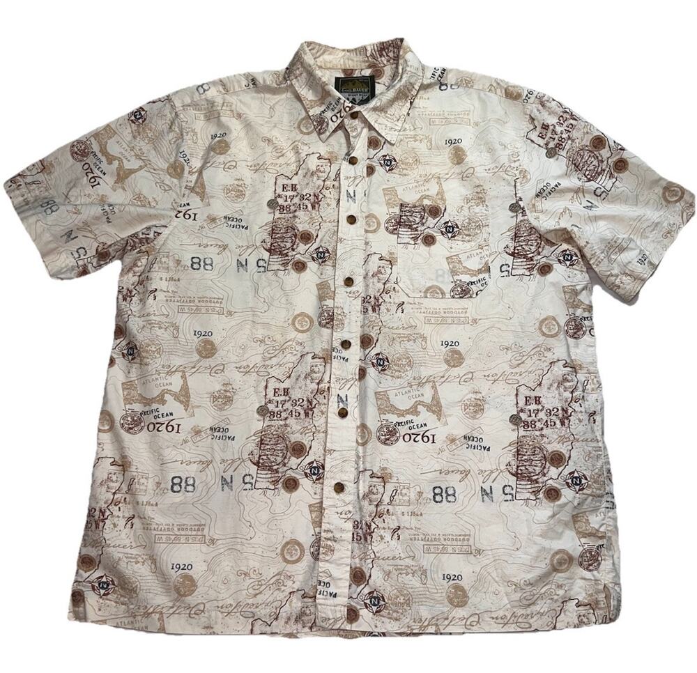 Eddie Bauer Sport Shop Shirt Mens Size XL Beige Short Sleeve Button Topography